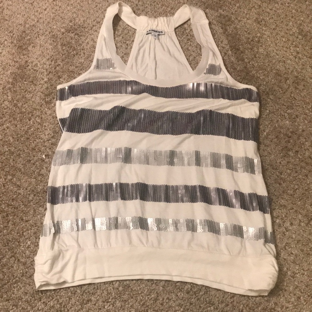 Express white striped sequin racerback tank. Small